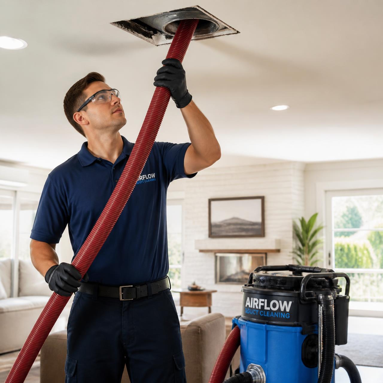 Technician cleaning a home air duct with professional equipment